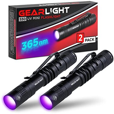 GearLight UV Flashlight S50365 nm Mini Blacklight Ultraviolet Pen Flashlights for ID Check Leak AC Detection Resin Curing Pet Urine Scorpion Stain Handheld Detector Pocket Light 2 Pack