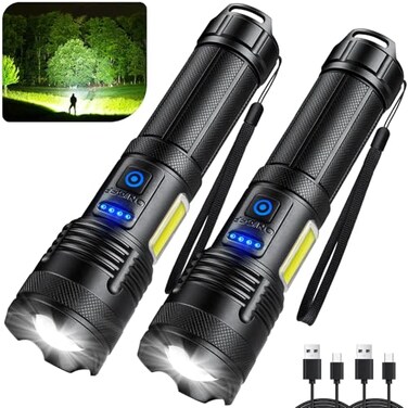 KINGCAESAR Flashlights 90000 High Lumen 2 Pack Ultra Bright Rechargeable Flashlight with 7 Light Modes LED Flash Light with High Power Battery IPX7 Waterproof for Home Camping