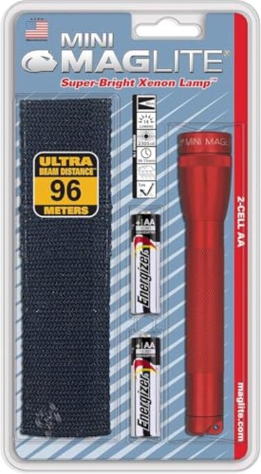 MagLite Mini Incandescent Flashlight Compact WaterResistant Twist OnOff 2Cell AA BatteryPowered with Holster Red