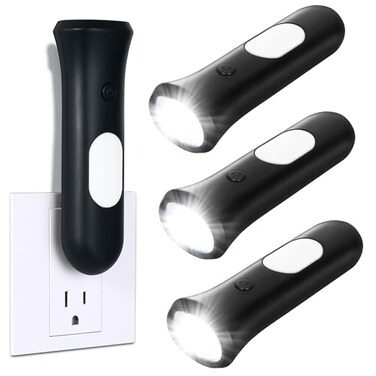 ROSSEX 4 in 1 Emergency Lights for Home Power Failure 3 Pcs Rechargeable LED Flashlight Plug in Wall Automatic TurnOn Power Outage Night Light Flashlight for Hurricane Preparedness Items Black