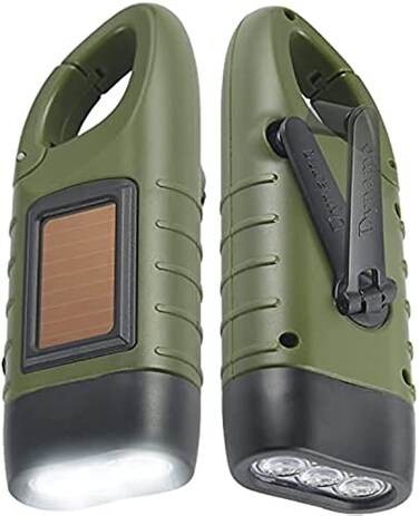 Simpeak 2Pack Hand Crank Solar Powered Flashlight Emergency Rechargeable LED Survival Flashlight Quick Snap Carbiner Dynamo Flash Light Torch for Outdoor Sports Green