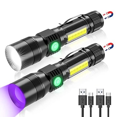 iToncs Rechargeable Flashlights 3 in 1 Super Bright Black Light Flashlights 1200 Lumens 7 Modes Zoomable IPX6 Waterproof Flash Light Recharchable for Camping Emergency Pet Clothing Detection 2 Pack