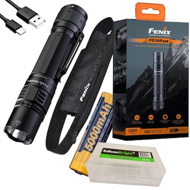 Fenix PD36R Pro 2800 Lumen USB Rechargeable LED Tactical Flashlight with EdisonBright Charging Cable Carry case Bundle