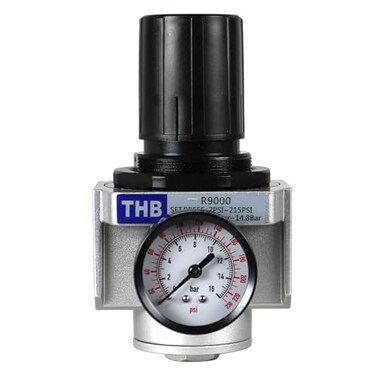THB HEAVY DUTY INLINE COMPRESSED AIR PRESSURE REGULATOR FOR AIR COMPRESSOR 7 TO 215 PSI ADJUSTABLE HIGH FLOW RATE WALL BRACKET AND GAUGE INCLUDED 34 NPT 175 CFM