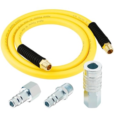 HOOTSUM 12 Inch x 6ft Hybrid Air Hose with 12 in MNPT Ends and Bend Restrictors 3PCS 12 Air Coupler and Plug Kit Air Compressor Hose Fittings and Accessories
