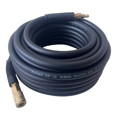 Furesn Air Hose 38 in x 100 ft Heavy Duty Lightweight Kink Resistant Hybrid Air Compressor Hose with 14 in Solid Brass Male Fittings Bend Restrictors 300 PSI 100FT Black