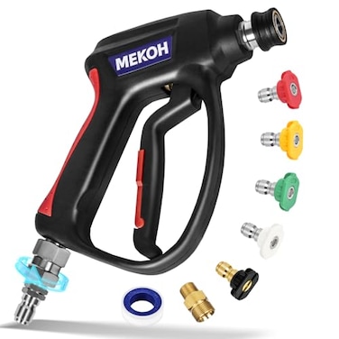 MEKOH Short Pressure Washer Gun with Swivel 5000 PSI High Power Washer Spray Gun 10 GPM Foam Gun with 38 Quick Connect M2214mm for Extension Wand Hose Pressure Washer Handle with 5 Nozzle Tips