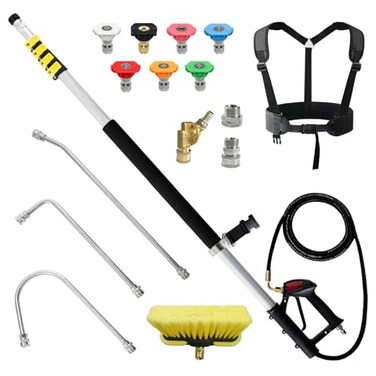 janz 24 FT Aluminum Telescoping Pressure Washer Wand with 2 Pressure Washer Extension WandsGutter Cleaner Attachment 7 Spray Nozzle Tips 2 Hose Inlet Adapters Pivoting Coupler and Support Harness