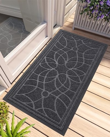 DEXI Front Door Mat Outside Entrance Heavy Duty Non Slip Low Profile Doormat for Entryway Trap Dirt and Moisture Welcome Mats Easy Clean Patio Garage 4x2 Grey