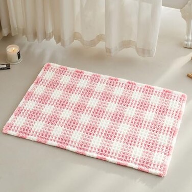 TYUU Waffle Bath Mat Boho Bathroom Rugs Non Slip Washable Absorbent Checkered Bathroom Mat Quick Dry Cute Bath Mat 30x20 Pink and White