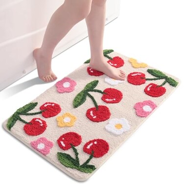 Anybar Beige Bathroom Rugs Cute Cherry Bath Mat Coloful Bathroom Accessories Funny Flower Rug Non Slip Floor Mat Machine Washable Bath Rug Soft Microfiber Carpet for Shower Tub 18x26 inch