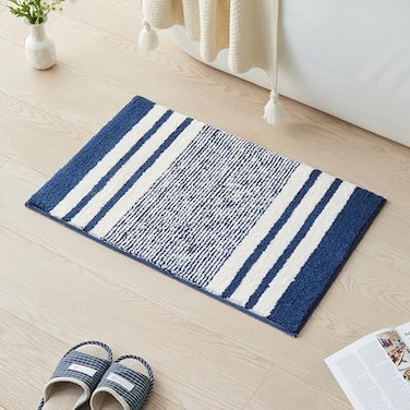 CozeCube Bath mats for Bathroom Non Slip Fluffy Absorbent Microfiber Bath mat Washable Aesthetic Bathroom Rugs Small Navy Blue Striped Bath mat Navy Blue 24 x 16