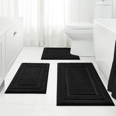 HOMEIDEAS Bathroom Rugs Sets 3 Piece Super Soft and Absorbent Non Slip Microfiber Toilet Bath Mat with UShaped Black