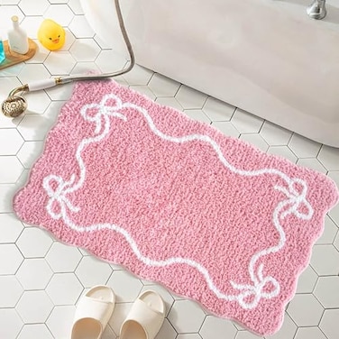 Mocsicka Pink Bow Bath Mat Cute Bow Bathroom Rug Super Soft Absorbent Bathroom Rugs Non Slip Bath Mat Machine Washable Rug for Bathrooms 20x32 inches Pink 50x80cm