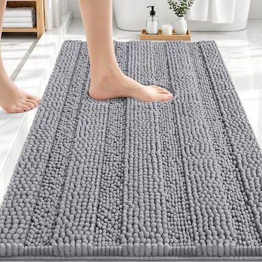 OLANLY Thick Bathroom Rugs 30x20 Extra Soft Absorbent Chenille Striped Bath Rugs Rubber Backing Machine Wash Dry Bath Mats for Bathroom Floor Tub and Shower Home Decor Accessories Grey
