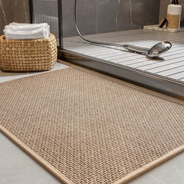 PADOOR NonSlip Bath Mat With RubberBacking Braided Absorbent Machine Washable Thin Rug Quick Dry Fits Under Door for Bathroom Floor 20x32 Beige