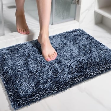 Yimobra Chenille Bathroom Rugs Non Slip Extra Thick Soft Absorbent Bath Rug 315x20 Inch Machine Washable Quick Dry Bath Mat for Bathroom Floor Tub and Shower Home Decor Accessories Light Blue