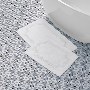 Laura Ashley Reversible Cotton Bath Mat Premium Bathroom Dcor Machine Washable Bathroom Rug Highly Absorbent 17x2420x32 2Piece Set White