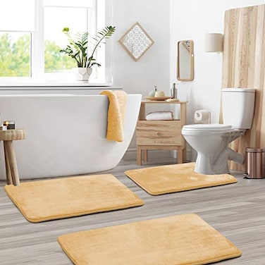 Clara Clark 3 Piece Bathroom Rugs Sets Memory Foam Bath Mat Set Ultra Soft Plush Cozy Non Slip Machine Washable Quick Dry Bathroom Rugs Vanilla Frost
