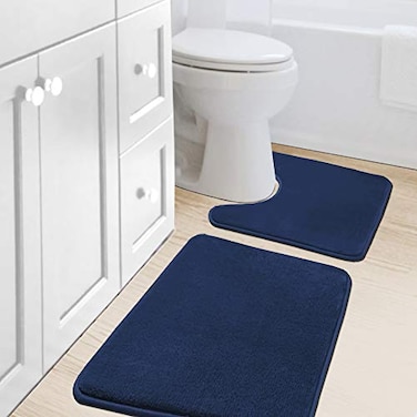 H.VERSAILTEX HVERSAILTEX Bath Mat Memory Foam Set Bathroom Rug Set Flannel Velvety Bath Mat Luxury Extra Soft and Absorbent Non Slip Rugs for Bedroom WashableCurved Set 20x 32 Plus 20x 20U Navy