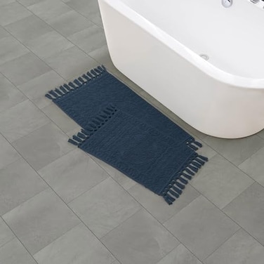 French Connection Nellore Bathroom Rugs Set of 2 Woven and Beaded Bathroom Mats Durable Bath Rugs Thick Bath Mats for Bathroom and Shower Rugs 17 x 28 and 20 x 38 Navy