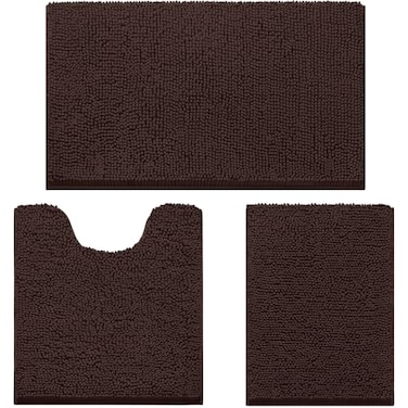 HOMEIDEAS 3 Pieces Bathroom Rugs Ultra Soft Non Slip Absorbent Chenille Toilet Bath Mat Set Brown