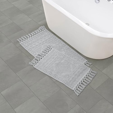 French Connection Nellore Bath Rugs Set of 2 Woven and Beaded Bath Mats Durable and Thick Bath Mats for Bathroom and Shower Rugs 17 x 28 and 20 x 38 Light Grey