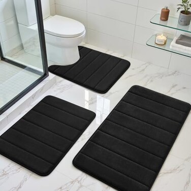 BYSURE Black Memory Foam Bathroom Rug Set 3 Piece Non Slip Extra Soft Absorbent Washable Dry Toilet Bath Mat Sets