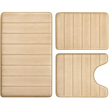 BYSURE Beige Memory Foam Bathroom Rug Set 3 Piece Non Slip Extra Soft Absorbent Bath Mats Machine Washable Dry Toilet Mat Sets for Bathroom Floor
