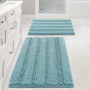H.VERSAILTEX HVERSAILTEX Extra Thick Chenille Striped Pattern Bath Rugs for Bathroom Non Slip Soft Plush Shaggy Mats for Floor Indoor Entryway Aqua Haze 32 x 20 Plus 24 x 17 Inches