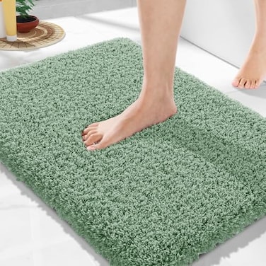 Yimobra Pure Light Green Bathroom Rugs Non Slip Washable Ultra Soft and Water Absorbent Bath Mats Plush Fluffy Shower Mat Outside Microfiber Thick Matts for Bathroom FloorSink 24x17
