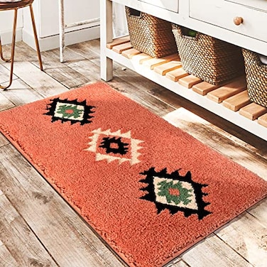 DEXDE Bathroom Rugs Boho Moroccan Bath Rug 20x32 Inches Coral Red Geometric NonSlip Quick Dry Bath Mat Machine Washable Absorbent Soft Carpet for Bathroom
