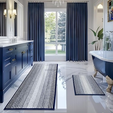 BSICPRO Bathroom Rugs and Mats Sets 2 Piece Thick Absorbent Chenille Bath Mat Rug Set Non Slip Soft Shaggy Bath Room Floor Mats for Bathroom Machine Washable Navy 24 x 70 Plus 20 x 32