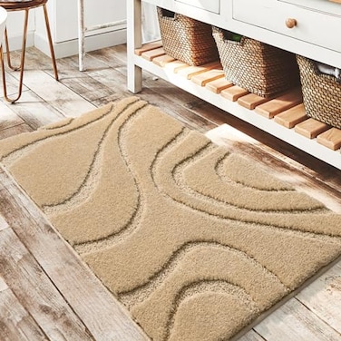 DEXDE Bathroom Rugs Mat Soft Plush Shaggy Microfiber Bath Rug Non Slip Bath Mats for Bathroom Floor Machine Washable Absorbent Carpet for Shower Tub Beige 20x32