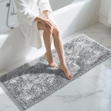 Yimobra Long Bathroom Rugs Runner 60x24 Inch Extra Thick Soft Absorbent Chenille Bath Mat Non Slip Machine Washable Quick Dry Bath Rugs for Bathroom Floor Tub and Shower Light Grey
