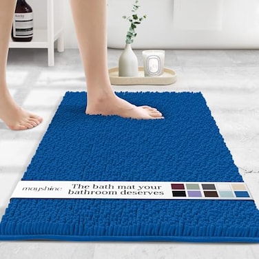 MAYSHINE Small Plush Shaggy Chenille Bath Mat 23x14 Extra Soft Super Absorbent NonSlip Bathroom Rug Fluffy Microfiber Area Rug Sets for Bathroom Floor Kitchen Living Room Dark Blue