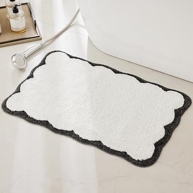 Ohocut Luxury Microfiber Bathroom Rugs White and Black Scalloped Piping Bath Rug Cute Aesthetic Preppy Elegant Bath Mat for Bathroom Tub Floor Sink Shower Anti Slip Absorbent 32x20