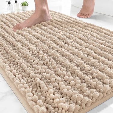 Yimobra Bathroom Rugs Non Slip Washable Ultra Soft Absorbent Chenille Bath Mat Quick Dry Shaggy Floor Carpet for Tub Shower Light Brown Home Decor Accessories 24x17 Inch