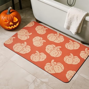 TYUU Halloween Bath Mat Thin Halloween Bathroom Rug NonSlip Quick Dry Pumpkin Bath Mat Fits Under Door Thin Floor Mat Fall Halloween Decor 17x30 Pumpkins Orange