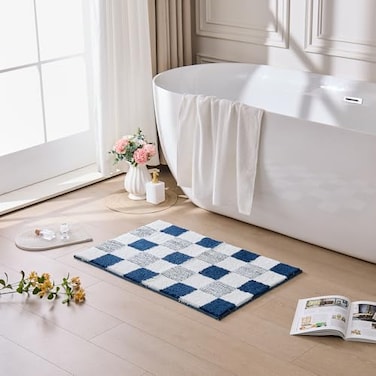 CozeCube Bath mats for Bathroom Non Slip Fluffy Absorbent Microfiber Bath mat Washable Aesthetic Bathroom Rugs Large Navy Blue Checkered Bath mat Navy Blue 36 x 24