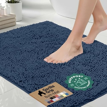 GORILLA GRIP Bath Rug Mat Thick Soft Absorbent Chenille Quick Dry Microfiber Mats Rubber Backing Washable Shower Floor Rugs US Designed Bathroom Bathmat Home Decor Accessories 24x17 Navy