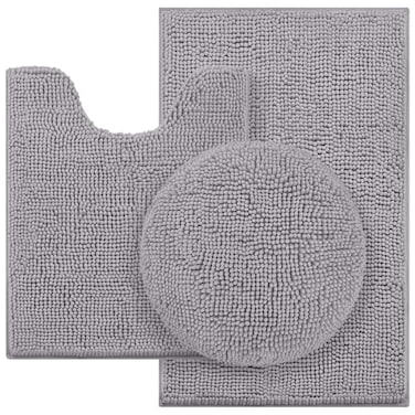 HOMEIDEAS Bathroom Rugs Sets 3 Piece Chenille Bath Rugs Soft Absorbent Non Slip Washable Bath Mats with Toilet Lid Cover Perfect for BathroomGrey