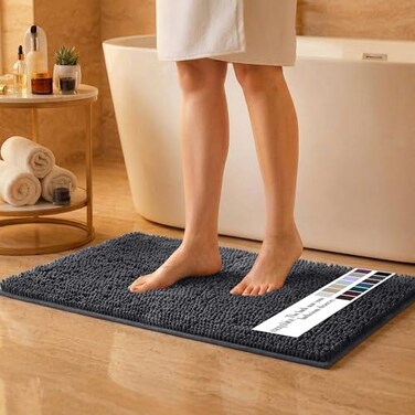 MAYSHINE Small Plush Shaggy Chenille Bath Mat 24x17 Extra Soft Super Absorbent NonSlip Bathroom Rug Fluffy Microfiber Area Rug Sets for Bathroom Floor Kitchen Living Room Charcoal Gray