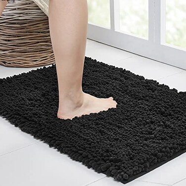 Walensee Bathroom Rug Non Slip Bath Mat 32x20 Inch Black Water Absorbent Super Soft Shaggy Chenille Machine Washable Dry Extra Thick Perfect Absorbant Best Large Plush Carpet for Shower Floor