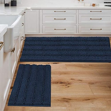 H.VERSAILTEX HVERSAILTEX 2 Piece Bathroom Set Super Absorbent Chenille Striped Bath Mats Non Skid Machine Washable Navy 47 x 17 Plus 17 x 24 Inches