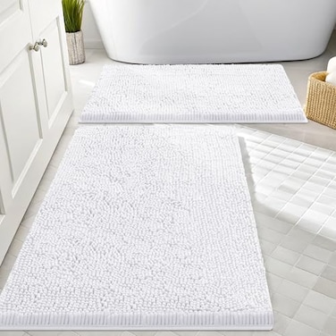 Smiry Bathroom Rugs Sets 2 Piece Soft Absorbent Chenille Machine Washable Non Slip Shaggy Bath Rug Set for Tub Shower and Floor 30x2024x16 White