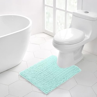 Walensee Bathroom Contour Rug Non Slip Toilet U Shaped Bath Mat 20x24 Spa Blue Water Absorbent Super Soft Shaggy Chenille Machine Washable Dry Extra Thick Perfect Absorbant Best Plush Carpet