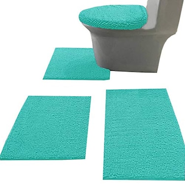 Madeals Chenille Bath Rug Set with Toilet Lid Cover and UShaped Toilet Floor Rug Turquoise