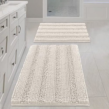 H.VERSAILTEX HVERSAILTEX Ivory Bath Mat Bath Rugs Extra Thick Striped Bath Rugs for Bathroom 2 Piece Bathroom Set AntiSlip Soft Plush Chenille Shaggy Mat Water Absorbent Ivory 20 x 3217 x 24