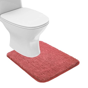 Suchtale Contour Rug Non Slip Bath Mat Water Absorbent Soft Microfiber Shaggy Bath Mat Machine Washable Thick Plush U Shape Toilet Rug 20 x 24 Living Coral